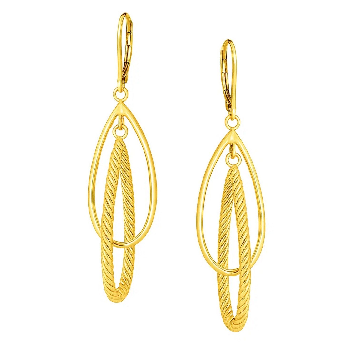 14k Yellow Gold Earrings with Shiny and Textured Teardrop Dangles in a sleek high-contrast midnight luxury editorial style